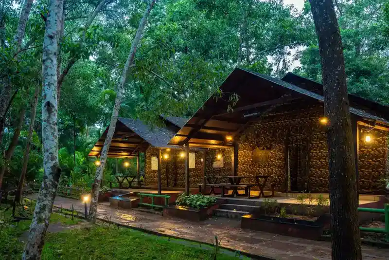 Rustic commando cottage exterior surrounded by forest at Dew Drops Resort